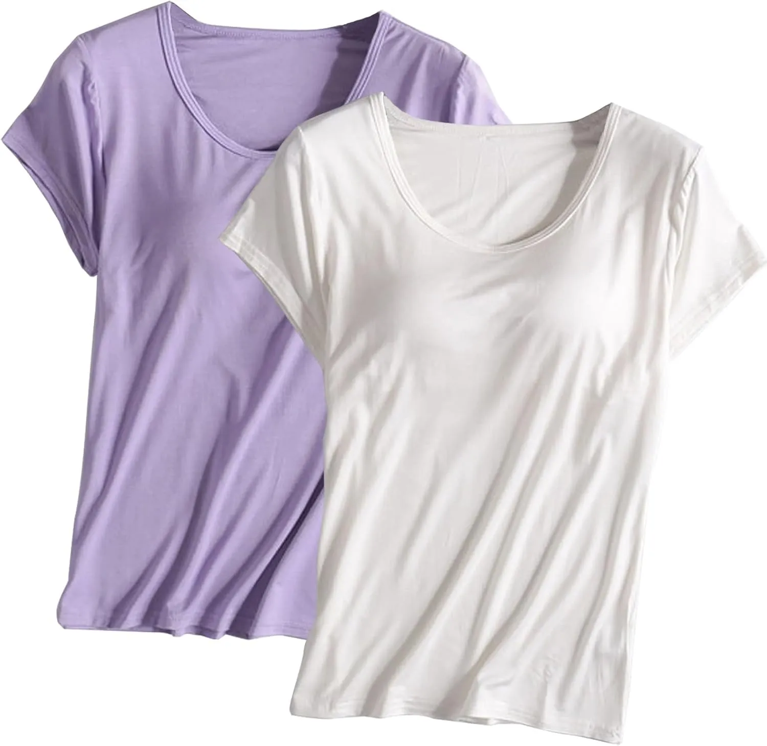 2 Pack Tops with Built in Bra for Women Short Sleeve Crewneck Solid Basic Tee Shirts Summer Loose Fit Soft Pajama Tops