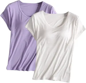 2 Pack Tops with Built in Bra for Women Short Sleeve Crewneck Solid Basic Tee Shirts Summer Loose Fit Soft Pajama Tops