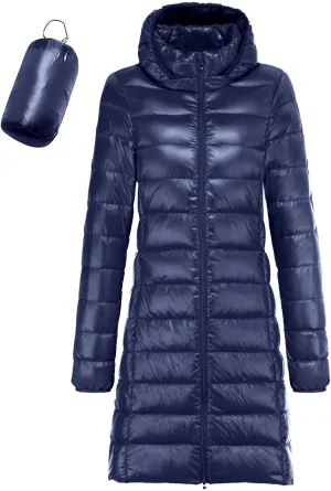 2024 Winter Solid Length Quilted Puffer Coat for Womens Long Sleeve Hooded Down Coat Casual Warm Slim Outdoor Overcoat