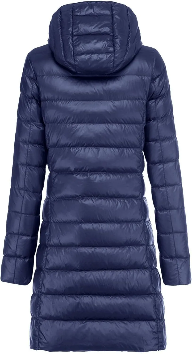 2024 Winter Solid Length Quilted Puffer Coat for Womens Long Sleeve Hooded Down Coat Casual Warm Slim Outdoor Overcoat