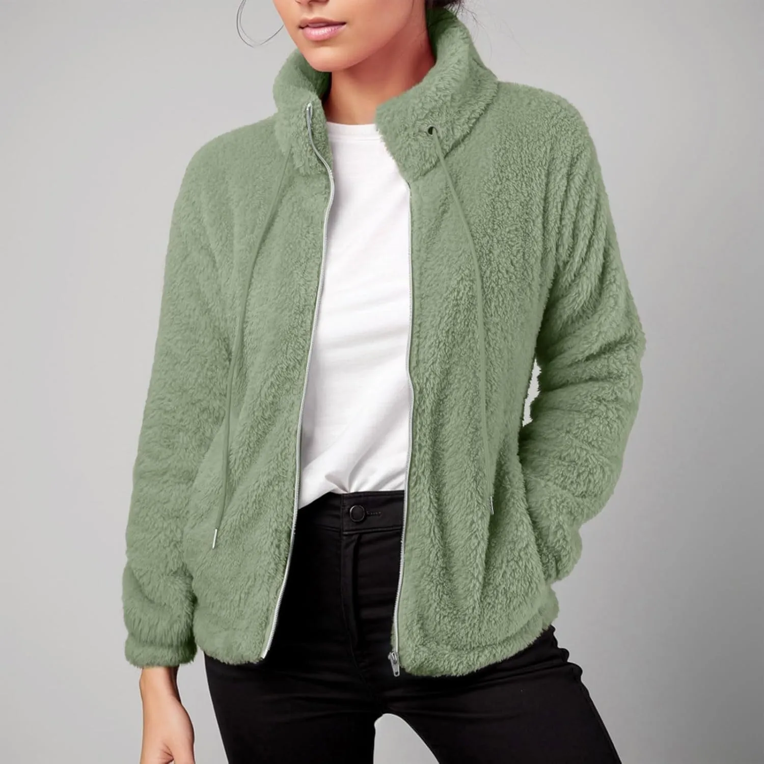 2024 Womens Fleece Jackets Winter Casual Fuzzy Coats Warm Plush Zipper Sweatshirt Dressy Loose Plus Size Outwear Trench Coat