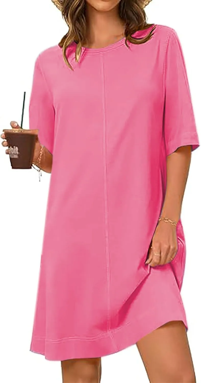 2025 Women's Casual Sundress Spring and Summer Loose T Shirt Dress Solid Half Sleeve Knee Length Shift Dresses