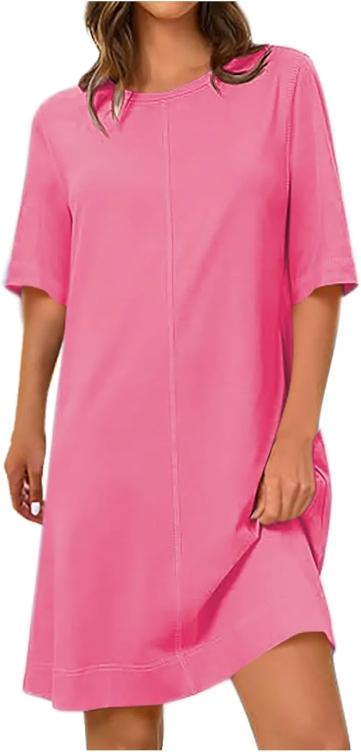 2025 Women's Casual Sundress Spring and Summer Loose T Shirt Dress Solid Half Sleeve Knee Length Shift Dresses