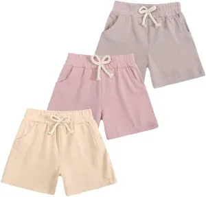 3-Pack Little Boys Girls Shorts with Drawstring and Pockets Toddler Kids Summer Solid Cotton Bottoms