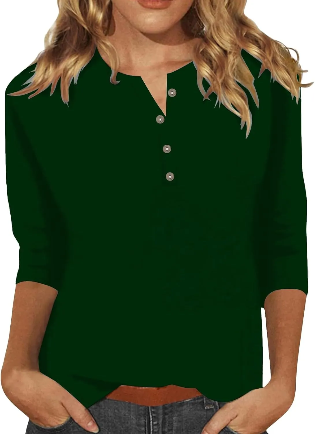 3/4 Length Sleeve Womens Tops Plus Size Button Up Summer Blouse Henley V Neck T Shirts Casual Dressy Tees