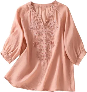 3/4 Sleeve Linen Shirts for Women 2025 Summer Retro Embroidered Boho Tops V-Neck Dressy Casual Trendy Vacation Blouse
