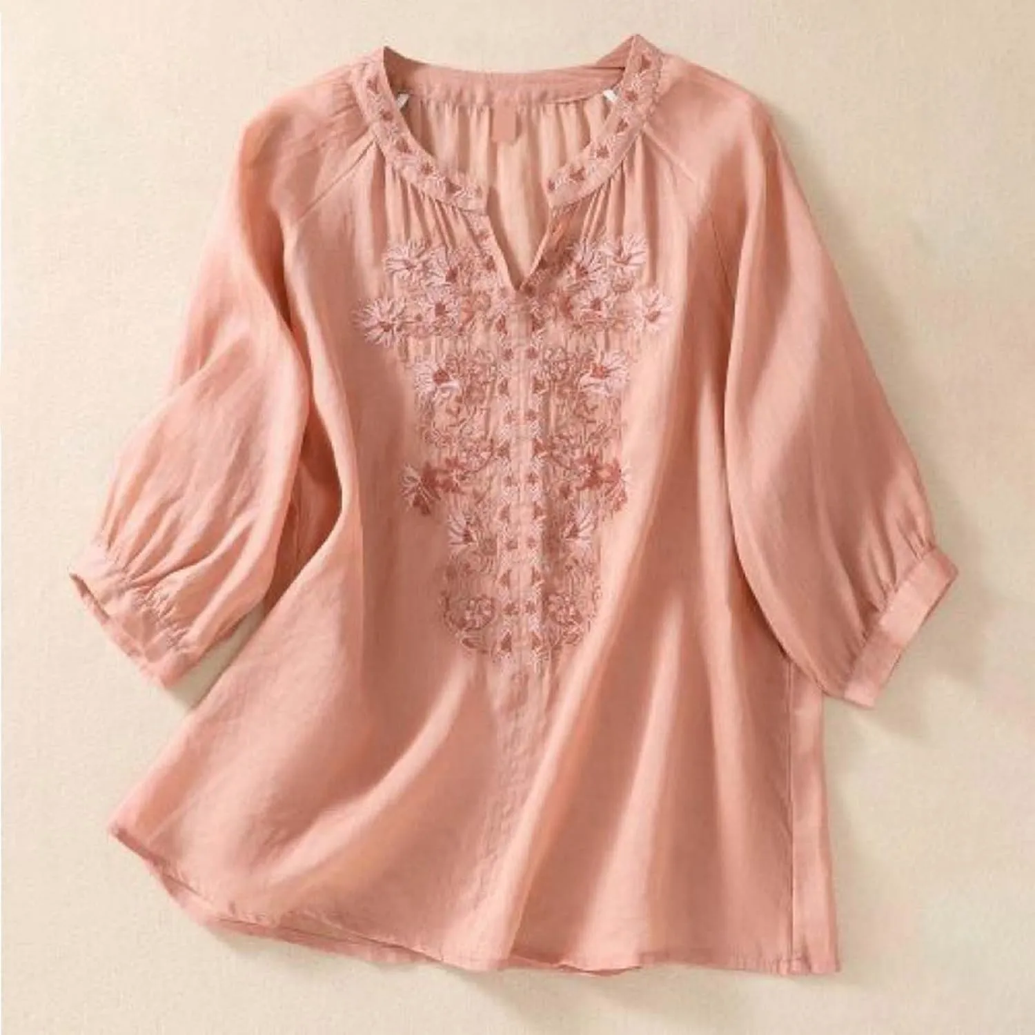 3/4 Sleeve Linen Shirts for Women 2025 Summer Retro Embroidered Boho Tops V-Neck Dressy Casual Trendy Vacation Blouse