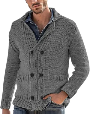 Adhdyuud Men Shawl Collar Cardigan Sweaters Button Down Cable Knitted Knitwear Double Breasted Sweaters