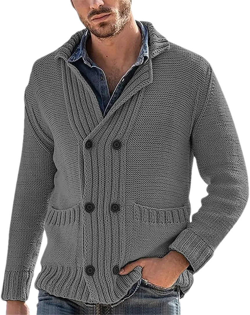 Adhdyuud Men Shawl Collar Cardigan Sweaters Button Down Cable Knitted Knitwear Double Breasted Sweaters
