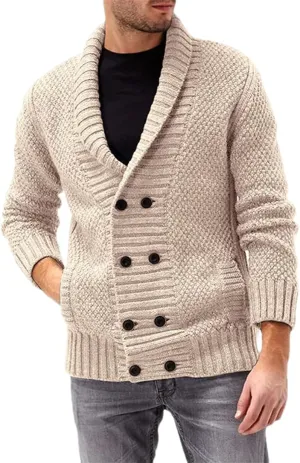 Adhdyuud Mens Shawl Collar Cardigan Sweaters Button Down Cable Knitted Knitwear Double Breasted Sweaters