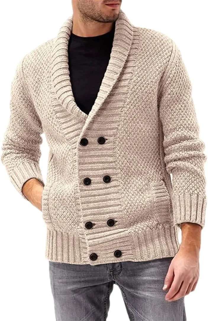 Adhdyuud Mens Shawl Collar Cardigan Sweaters Button Down Cable Knitted Knitwear Double Breasted Sweaters
