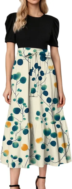 ADHOWBEW Dresses for Women 2025 O Neck Casual Sexy Vacation Beach Empire Waist Short Sleeve Party Dresses