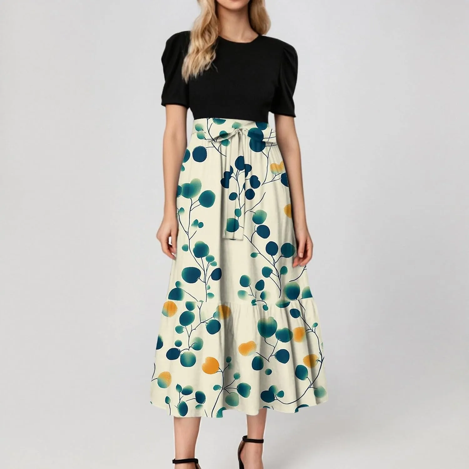 ADHOWBEW Dresses for Women 2025 O Neck Casual Sexy Vacation Beach Empire Waist Short Sleeve Party Dresses