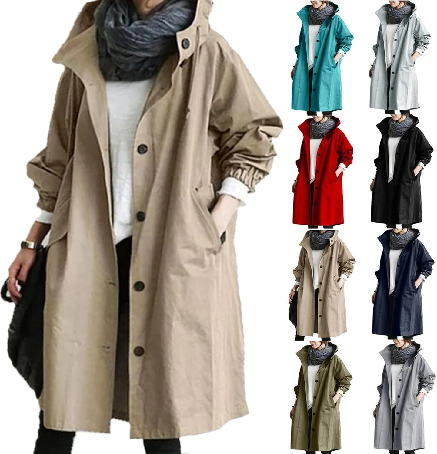 aihihe Women's Lightweight Hooded Trench Coat Outdoor Long Jacket Plus Size Button Up Windbreaker Outerwear with Pockets