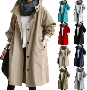 aihihe Women's Lightweight Hooded Trench Coat Outdoor Long Jacket Plus Size Button Up Windbreaker Outerwear with Pockets