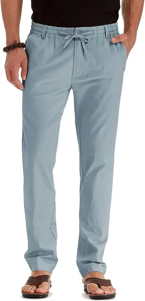 Akklian Cotton Linen Pants 2024 Mens Elastic Waist Drawstring Casual Trouser Lightweight Straight-Legs Loose Beach Yoga Pants