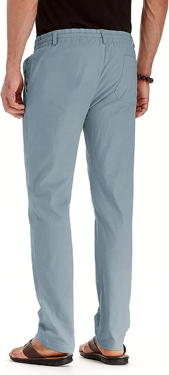 Akklian Cotton Linen Pants 2024 Mens Elastic Waist Drawstring Casual Trouser Lightweight Straight-Legs Loose Beach Yoga Pants