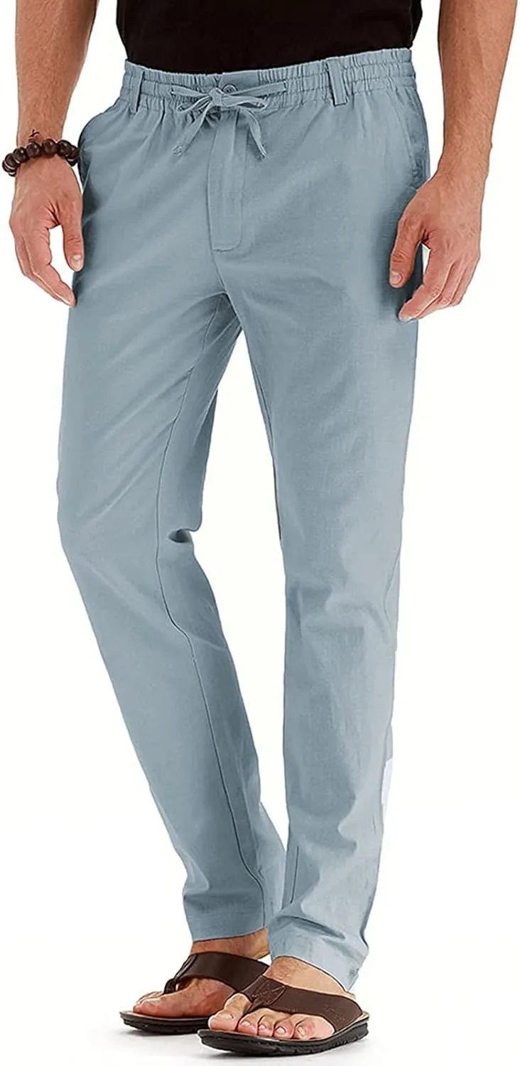 Akklian Cotton Linen Pants 2024 Mens Elastic Waist Drawstring Casual Trouser Lightweight Straight-Legs Loose Beach Yoga Pants