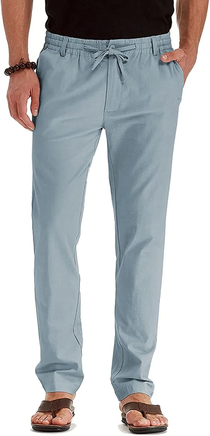 Akklian Cotton Linen Pants 2024 Mens Elastic Waist Drawstring Casual Trouser Lightweight Straight-Legs Loose Beach Yoga Pants