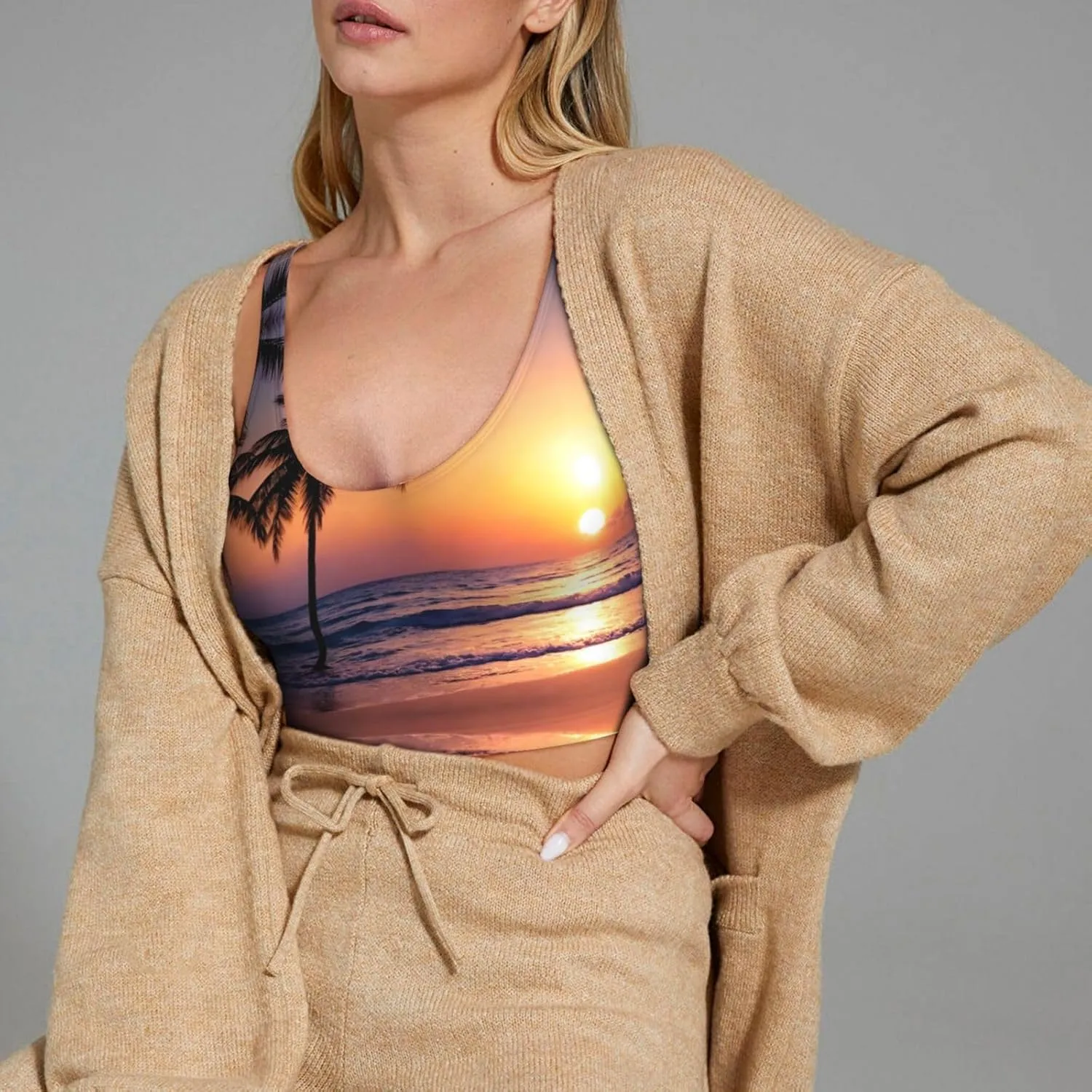 Beach Palm Tree Sunset Women's Sexy Sports Vest Sleeveless Athletic Gym T-Shirts Vest U-Shaped Back Quick Dry Top