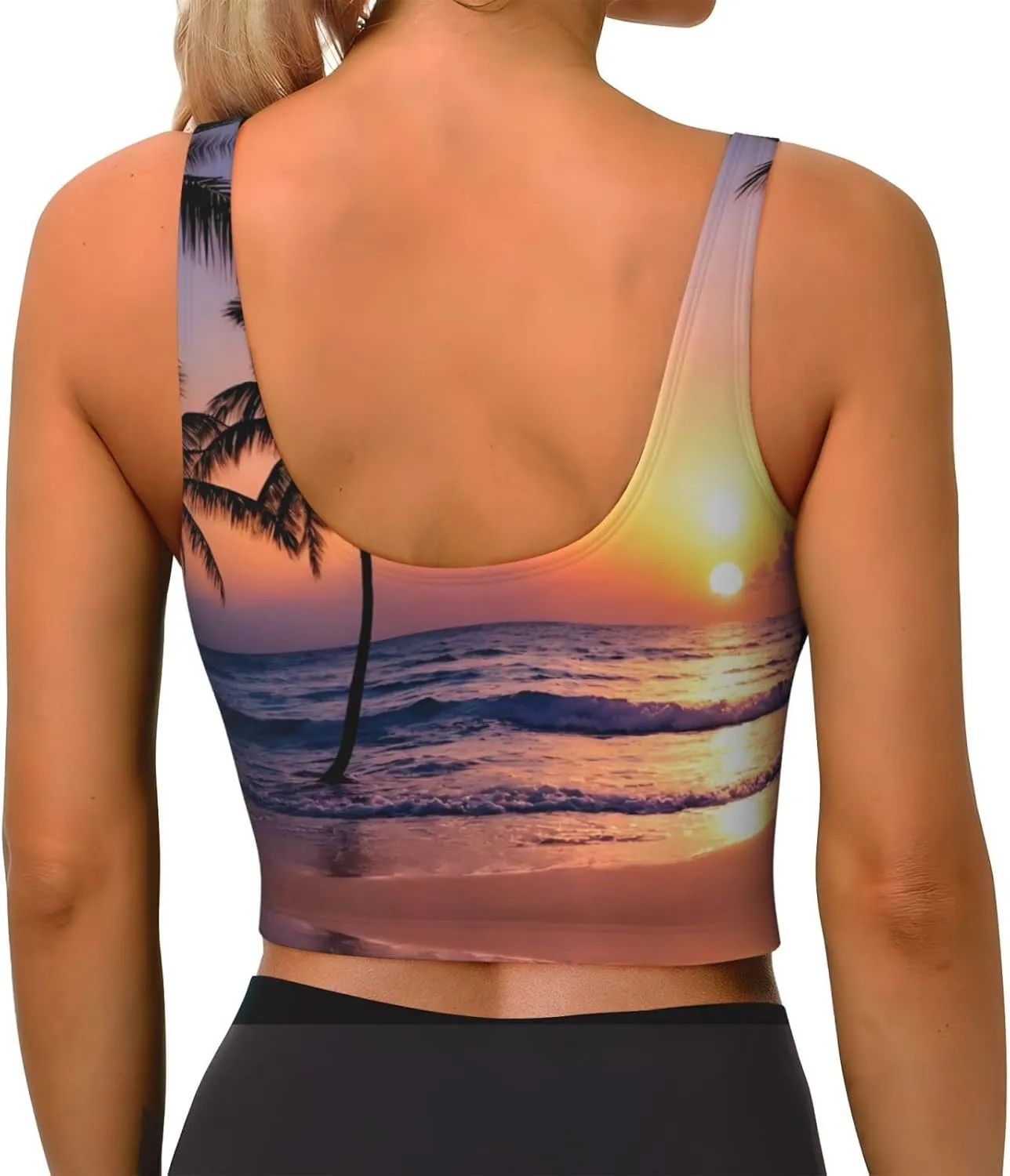 Beach Palm Tree Sunset Women's Sexy Sports Vest Sleeveless Athletic Gym T-Shirts Vest U-Shaped Back Quick Dry Top