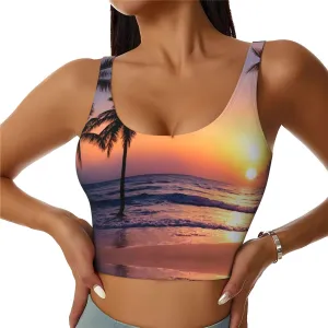 Beach Palm Tree Sunset Women's Sexy Sports Vest Sleeveless Athletic Gym T-Shirts Vest U-Shaped Back Quick Dry Top