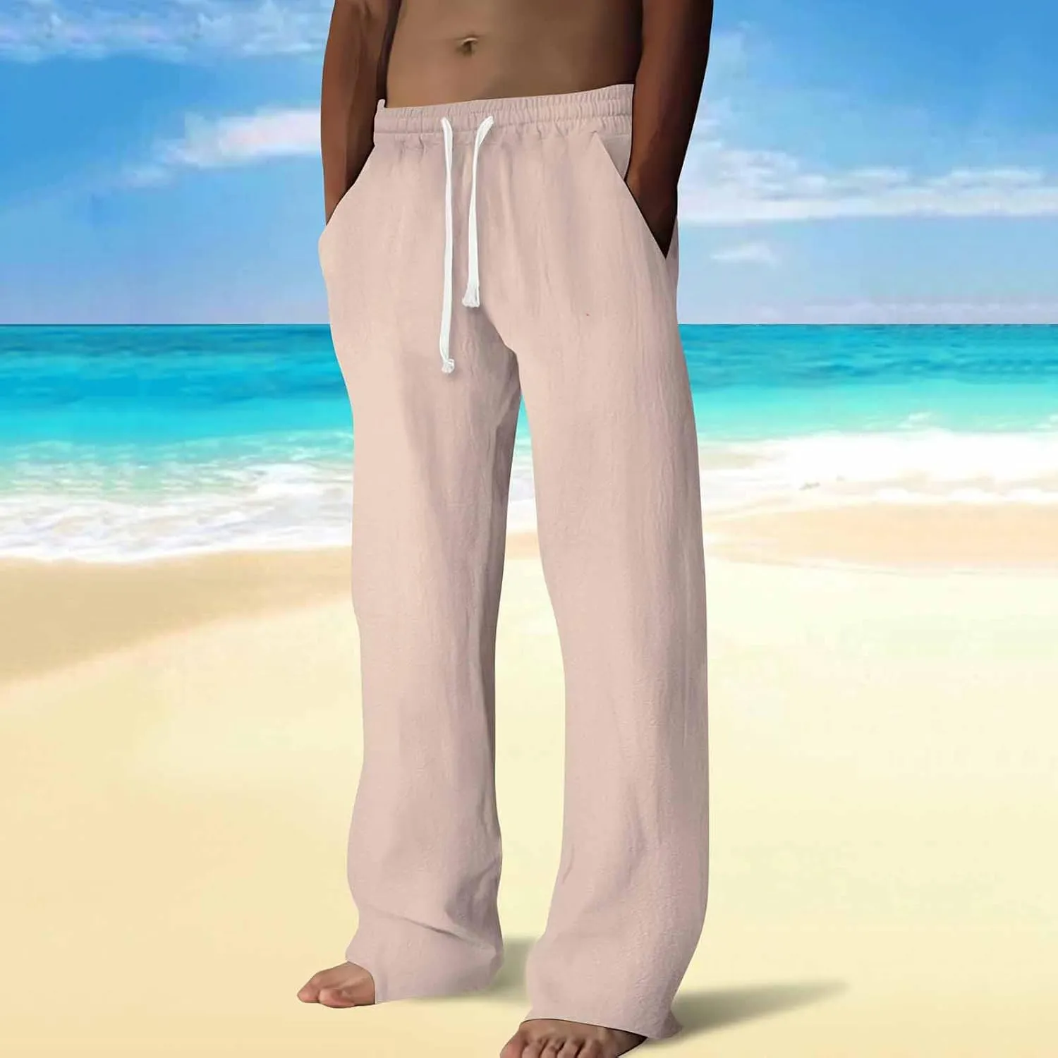 Beach Pants for Men Casual Loose Fit Elastic Waist Drawstring Straight-Legs Summer Yoga Trousers Breathable Fashion 2025