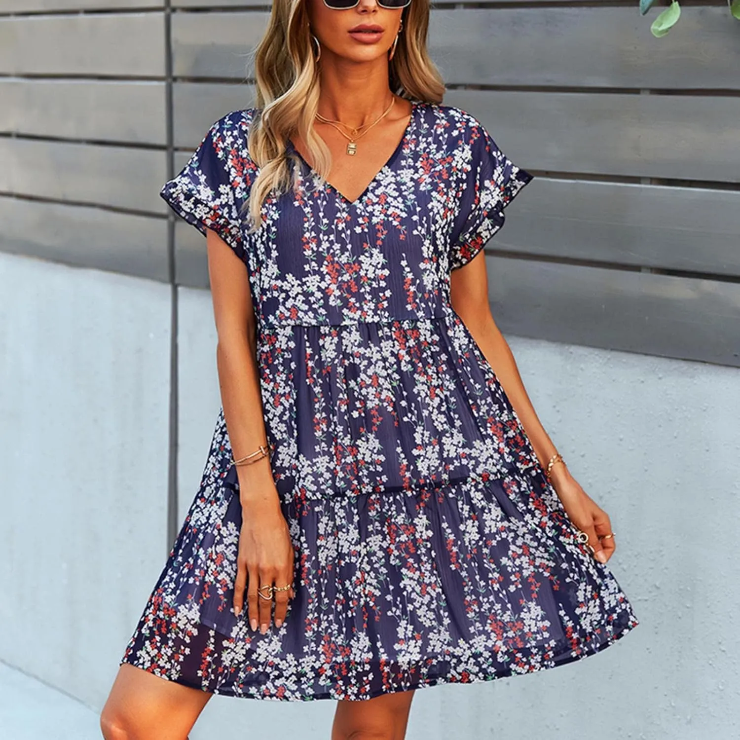 Boho Beach Dresses for Women Cute Floral V Neck Ruffle Sleeve Tiered Mini Dress Gift Boho Swimsuit Coverup for Women