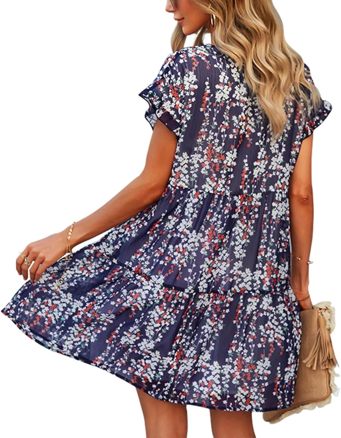 Boho Beach Dresses for Women Cute Floral V Neck Ruffle Sleeve Tiered Mini Dress Gift Boho Swimsuit Coverup for Women
