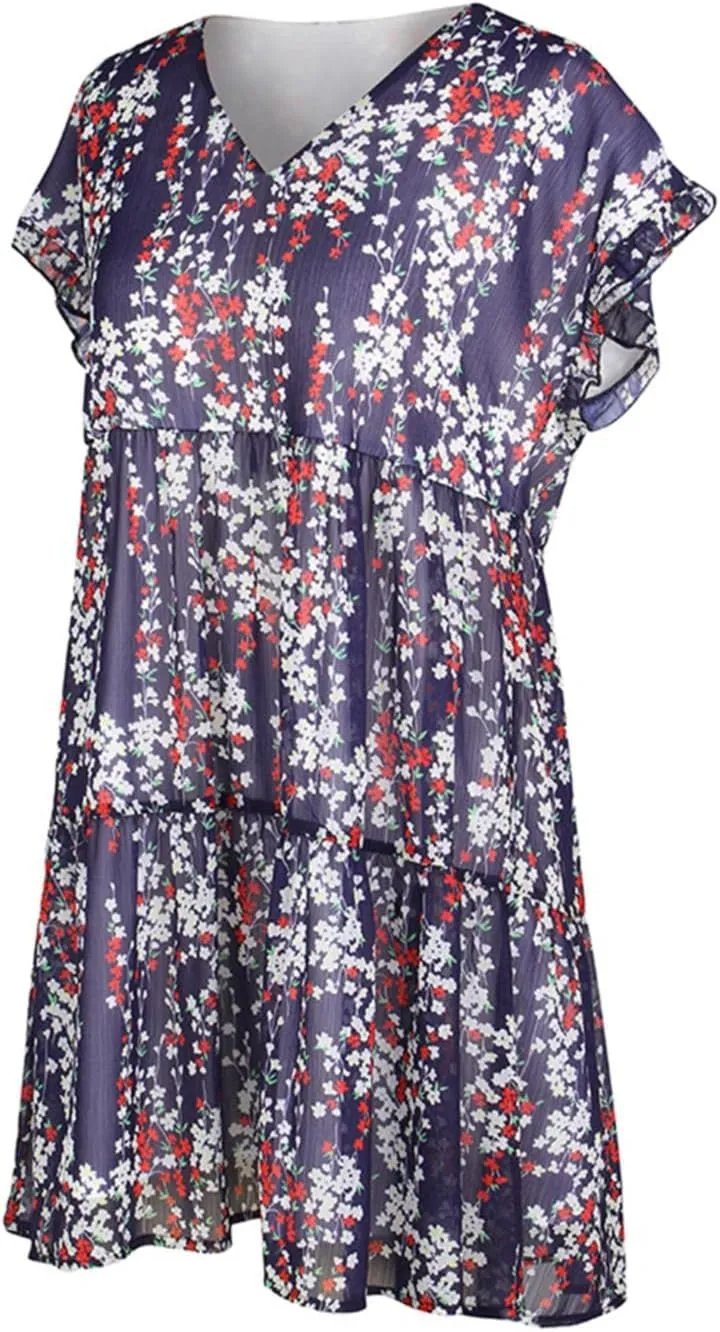 Boho Beach Dresses for Women Cute Floral V Neck Ruffle Sleeve Tiered Mini Dress Gift Boho Swimsuit Coverup for Women