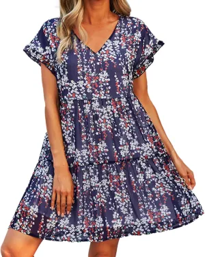 Boho Beach Dresses for Women Cute Floral V Neck Ruffle Sleeve Tiered Mini Dress Gift Boho Swimsuit Coverup for Women