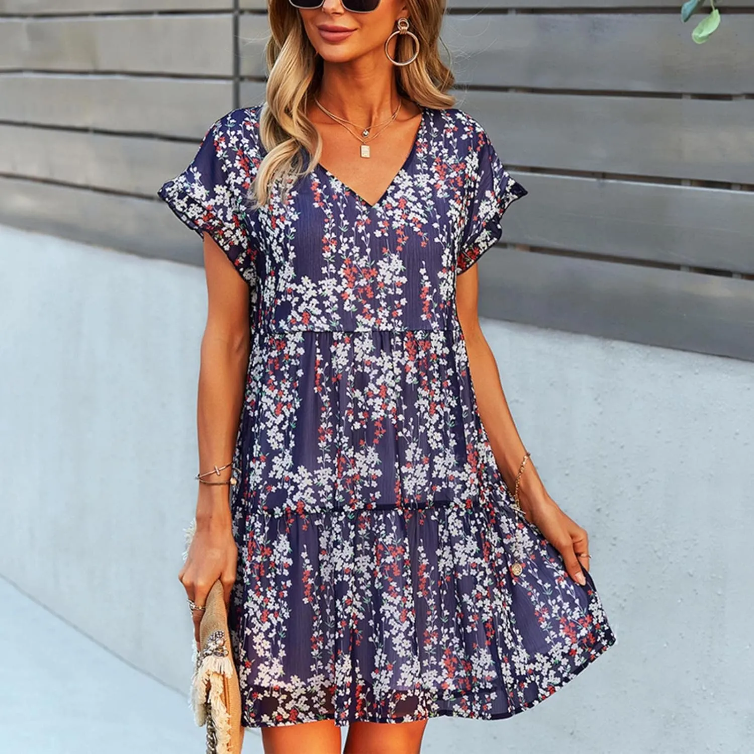 Boho Beach Dresses for Women Cute Floral V Neck Ruffle Sleeve Tiered Mini Dress Gift Boho Swimsuit Coverup for Women