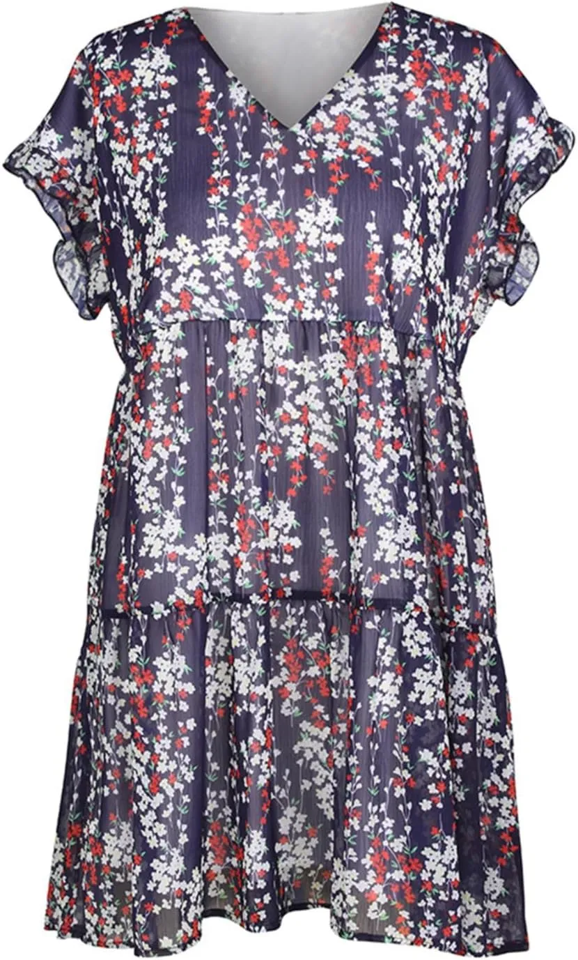 Boho Beach Dresses for Women Cute Floral V Neck Ruffle Sleeve Tiered Mini Dress Gift Boho Swimsuit Coverup for Women