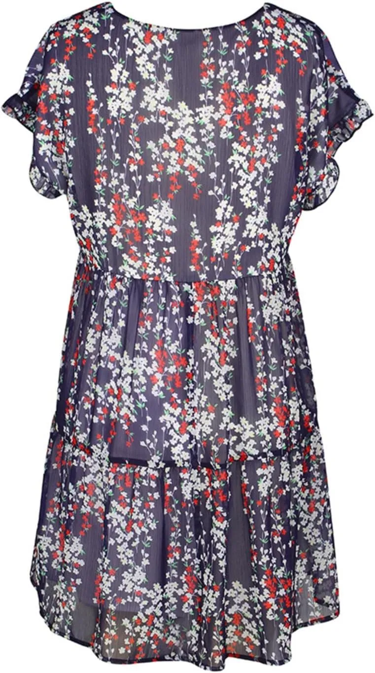 Boho Beach Dresses for Women Cute Floral V Neck Ruffle Sleeve Tiered Mini Dress Gift Boho Swimsuit Coverup for Women