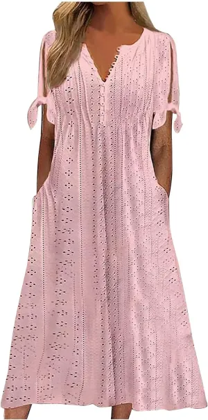 Boho Dress for Women 2025 V Neck Eyelet Tie Short Sleeve Dresses Casual Long Sundress Summer Hawaii Vacation Outfits