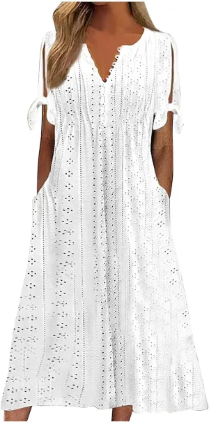 Boho Dress for Women 2025 V Neck Eyelet Tie Short Sleeve Dresses Casual Long Sundress Summer Hawaii Vacation Outfits