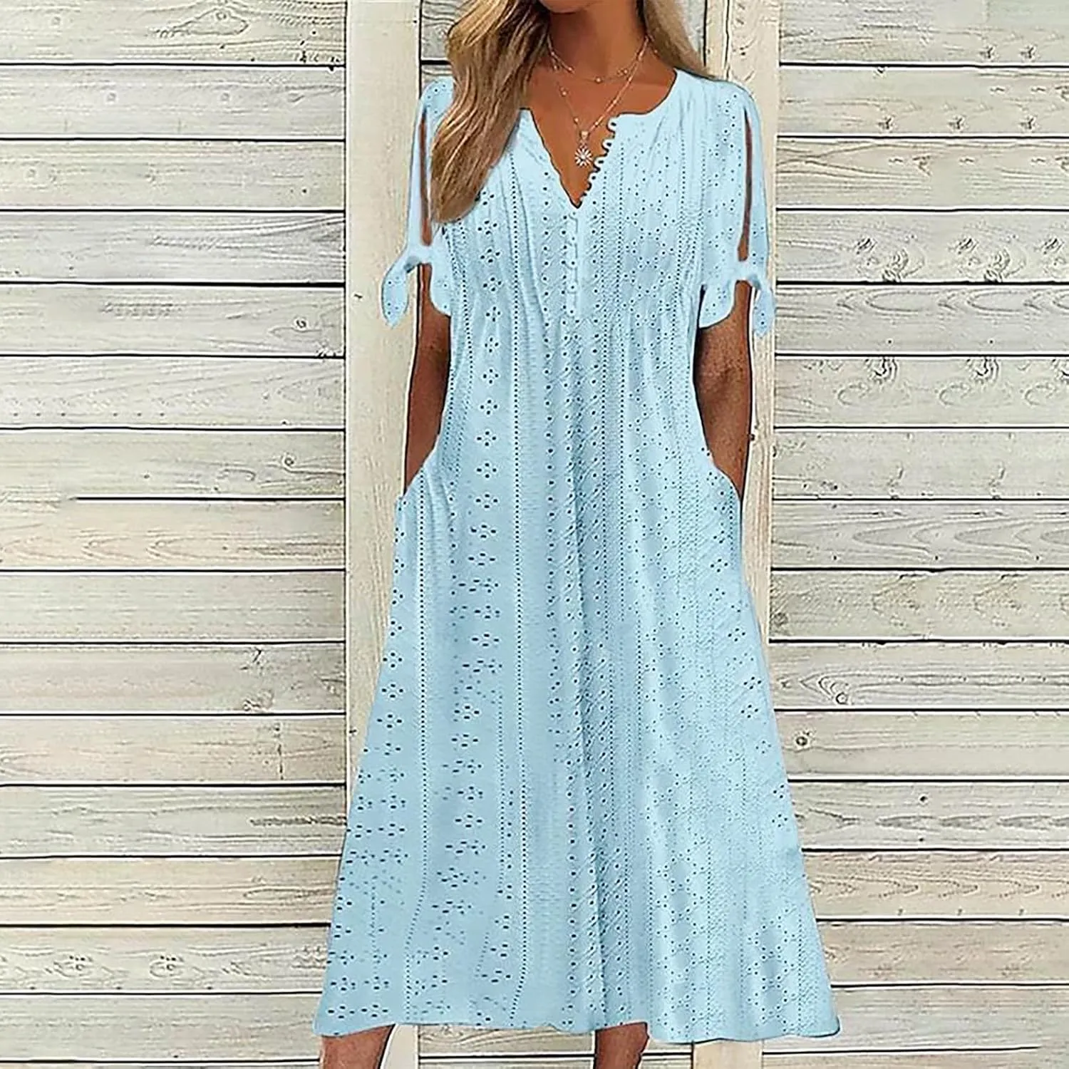 Boho Dress for Women 2025 V Neck Eyelet Tie Short Sleeve Dresses Casual Long Sundress Summer Hawaii Vacation Outfits