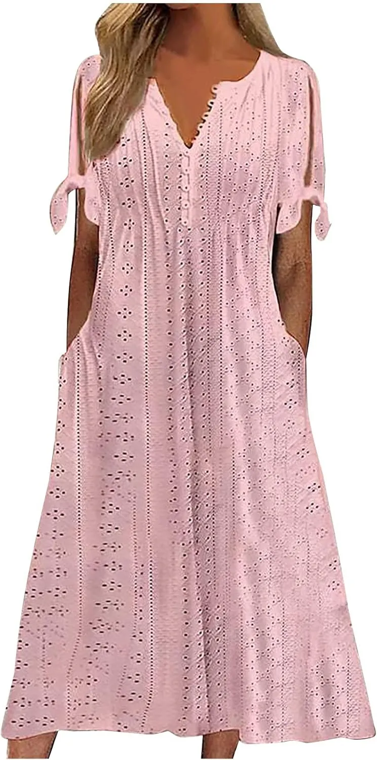 Boho Dress for Women 2025 V Neck Eyelet Tie Short Sleeve Dresses Casual Long Sundress Summer Hawaii Vacation Outfits