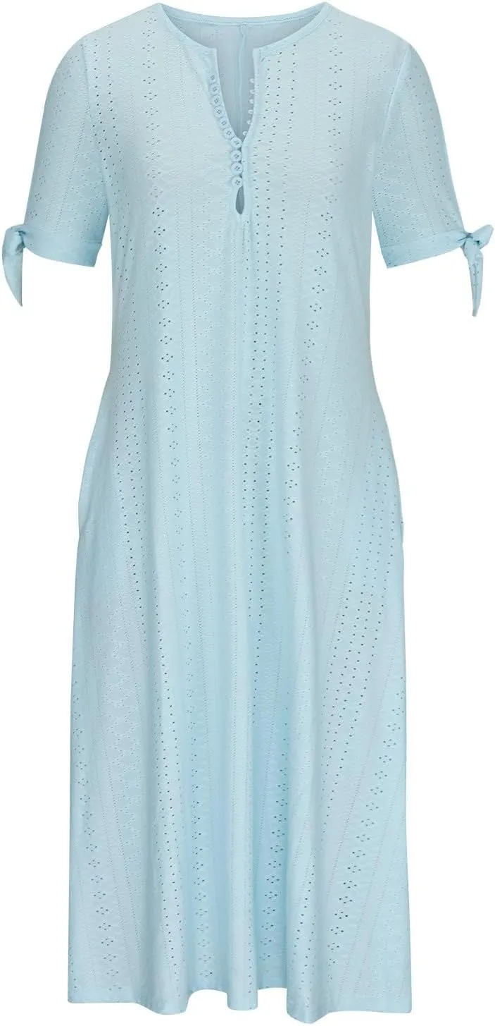 Boho Dress for Women 2025 V Neck Eyelet Tie Short Sleeve Dresses Casual Long Sundress Summer Hawaii Vacation Outfits