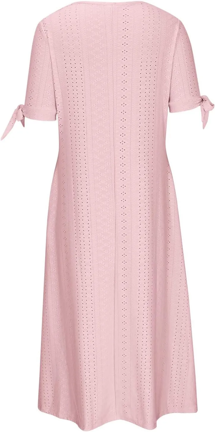 Boho Dress for Women 2025 V Neck Eyelet Tie Short Sleeve Dresses Casual Long Sundress Summer Hawaii Vacation Outfits
