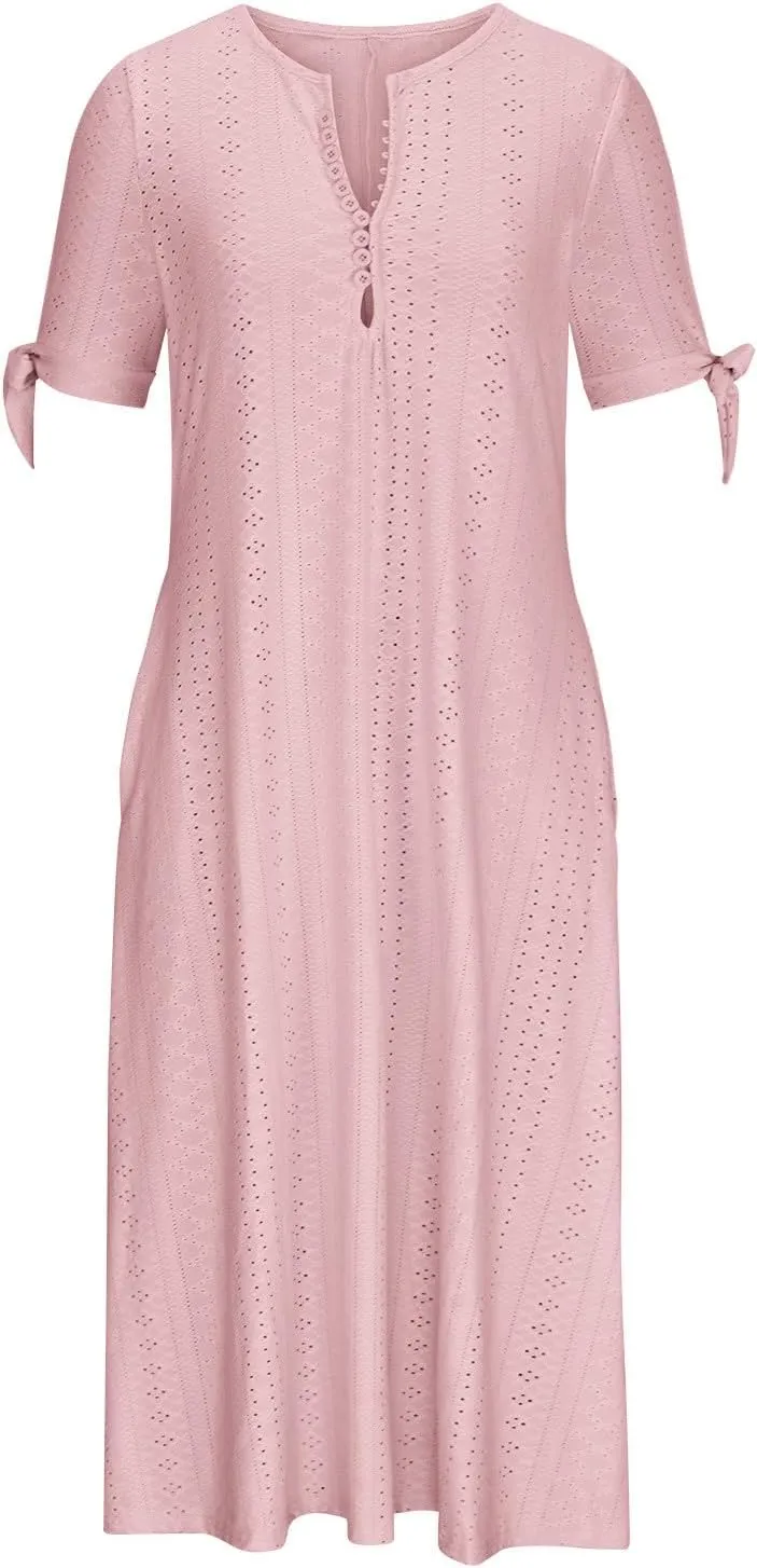 Boho Dress for Women 2025 V Neck Eyelet Tie Short Sleeve Dresses Casual Long Sundress Summer Hawaii Vacation Outfits