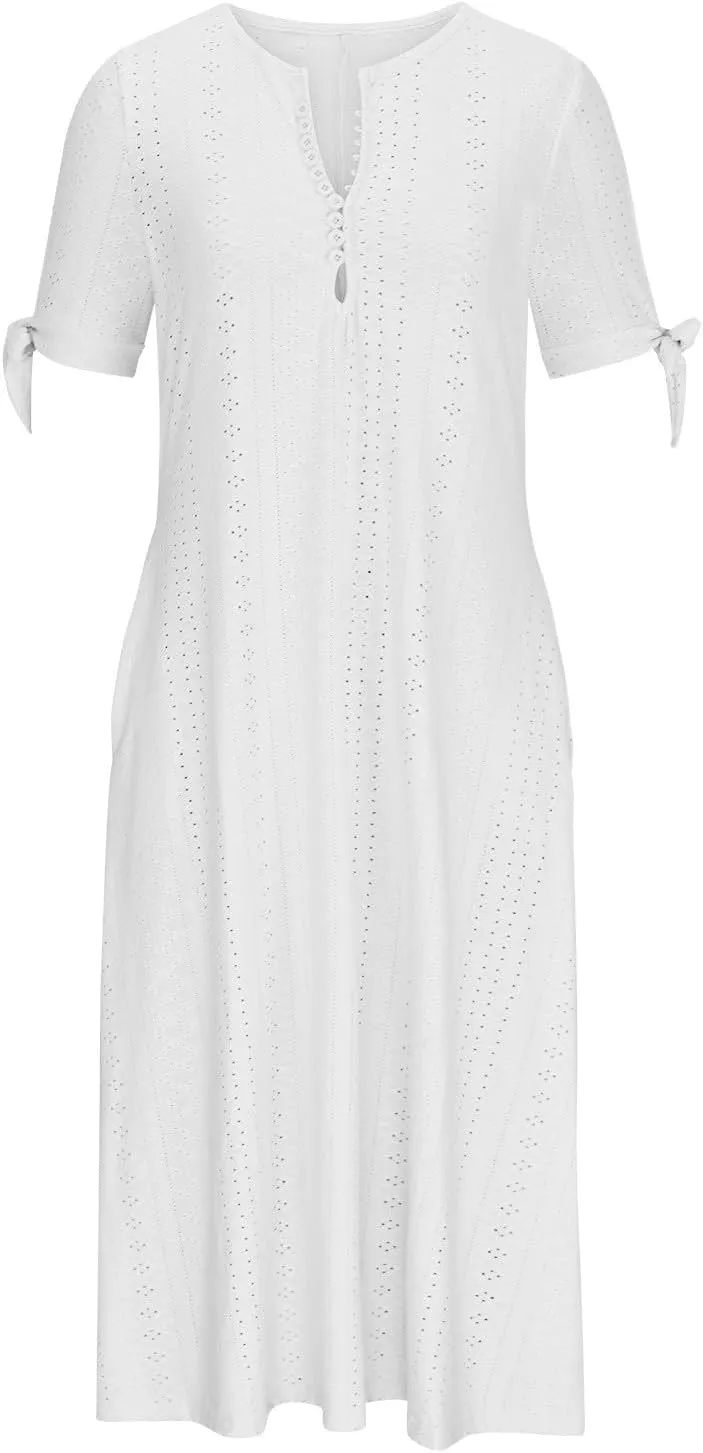 Boho Dress for Women 2025 V Neck Eyelet Tie Short Sleeve Dresses Casual Long Sundress Summer Hawaii Vacation Outfits