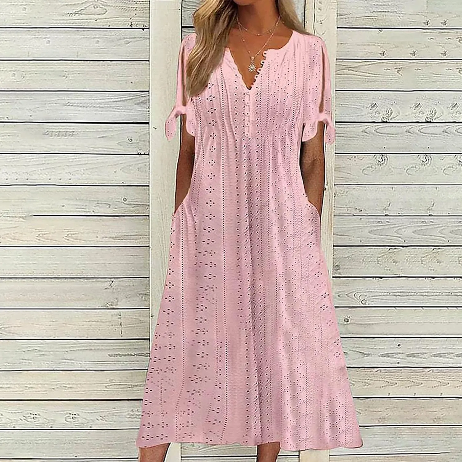 Boho Dress for Women 2025 V Neck Eyelet Tie Short Sleeve Dresses Casual Long Sundress Summer Hawaii Vacation Outfits