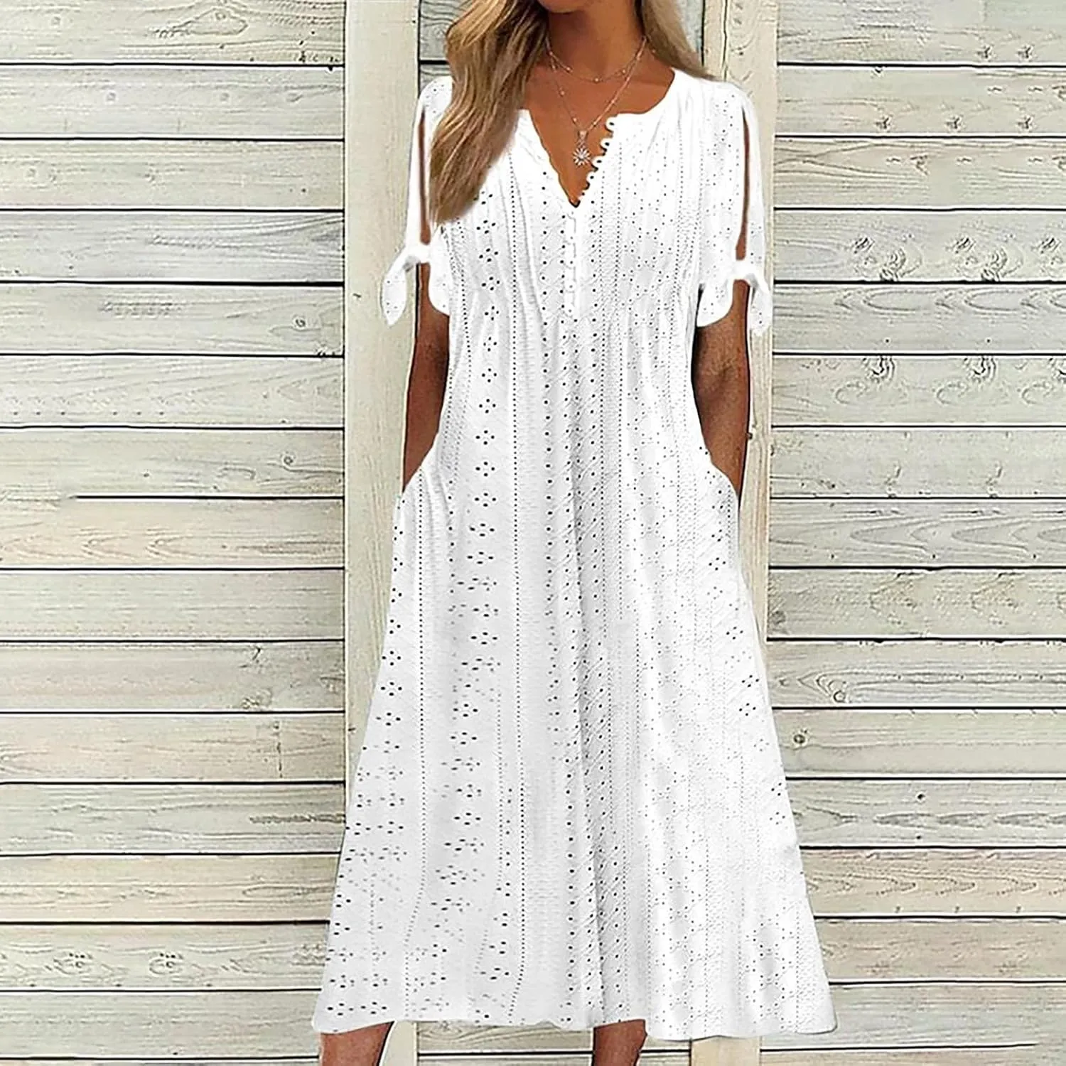 Boho Dress for Women 2025 V Neck Eyelet Tie Short Sleeve Dresses Casual Long Sundress Summer Hawaii Vacation Outfits