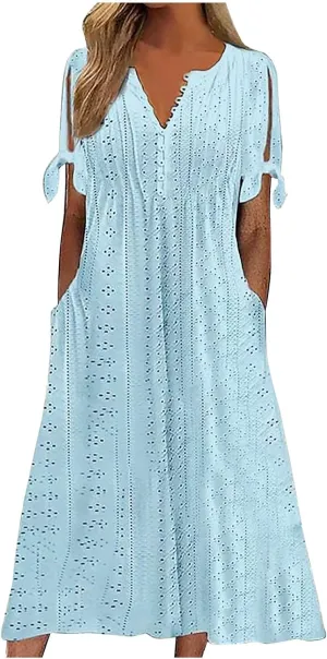 Boho Dress for Women 2025 V Neck Eyelet Tie Short Sleeve Dresses Casual Long Sundress Summer Hawaii Vacation Outfits