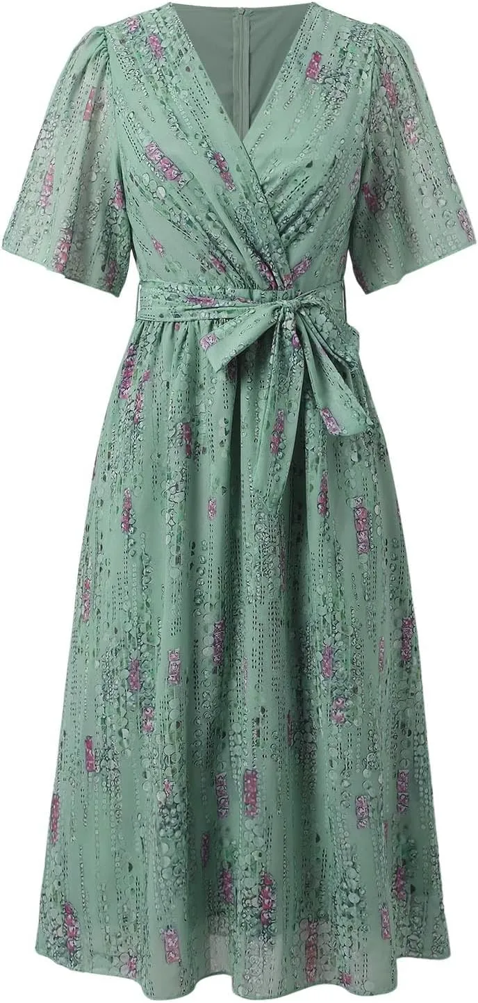 Boho Floral Chiffon Dresses for Womens Elegant Casual Summer Beach Flowy Dress Sexy Deep V Neck Cocktail Long Dress