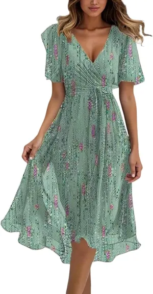 Boho Floral Chiffon Dresses for Womens Elegant Casual Summer Beach Flowy Dress Sexy Deep V Neck Cocktail Long Dress