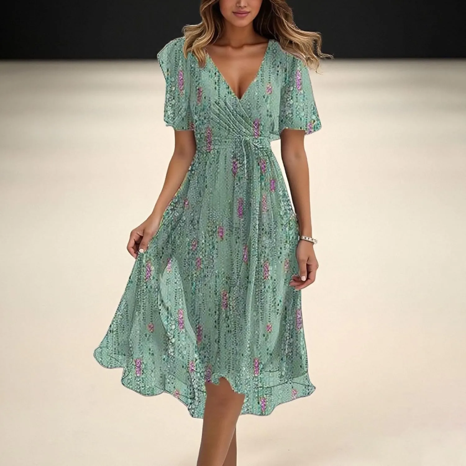 Boho Floral Chiffon Dresses for Womens Elegant Casual Summer Beach Flowy Dress Sexy Deep V Neck Cocktail Long Dress