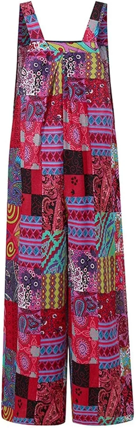 Boho Jumpsuit for Women Cotton Linen Overalls 2025 Summer Patchwork Print Wide Leg Plus Size Rompers with Pockets