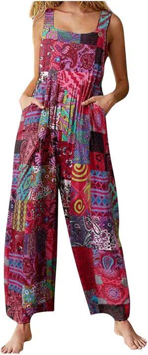 Boho Jumpsuit for Women Cotton Linen Overalls 2025 Summer Patchwork Print Wide Leg Plus Size Rompers with Pockets
